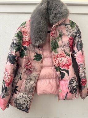 Ted Baker Floral Pink Quilted Jacket with Gray Fur Collar
